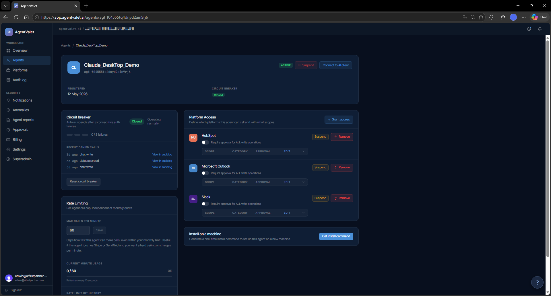 Agent detail page showing the permission matrix