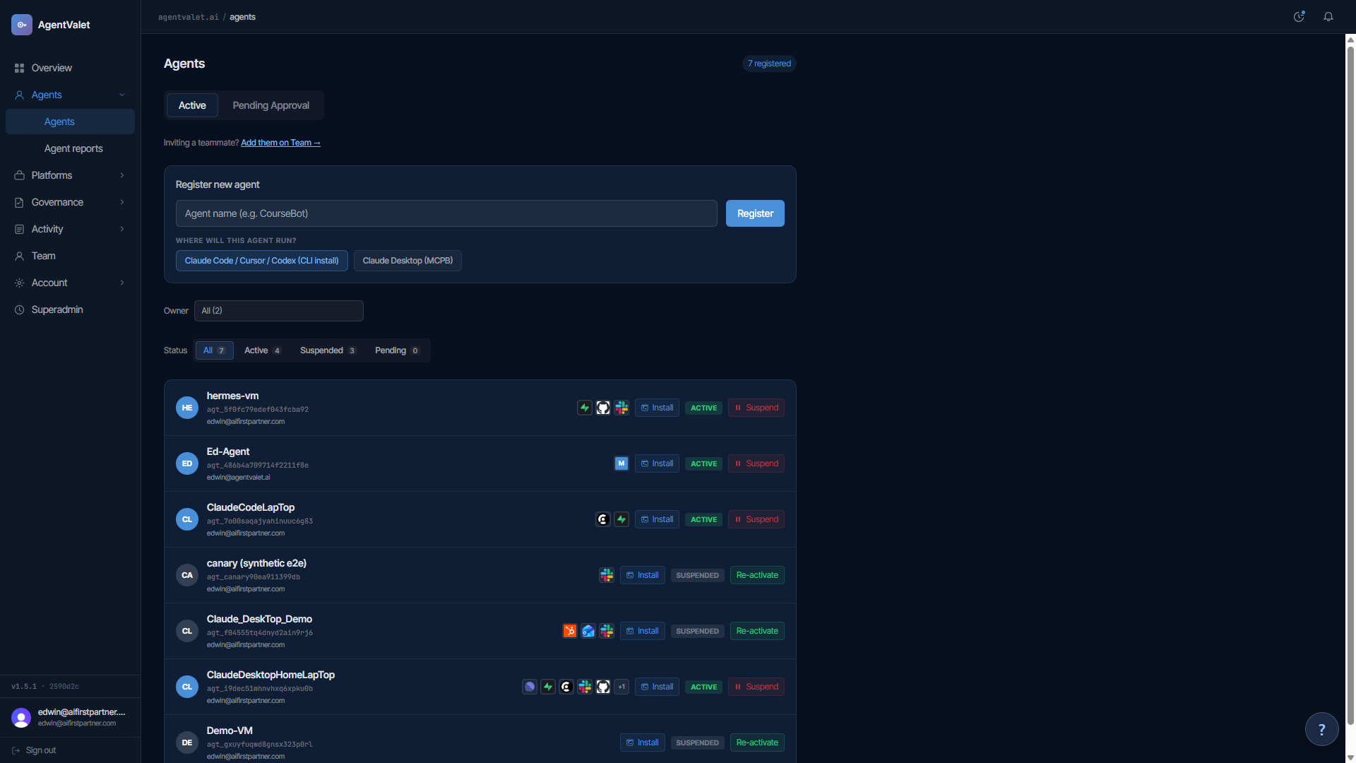 Agents list page with active and pending tabs