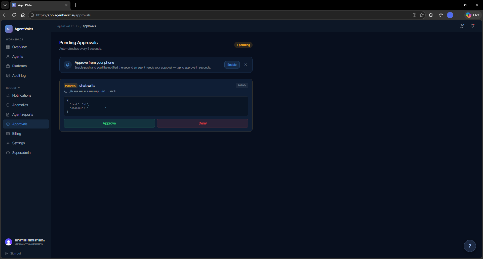 A pending approval card in the dashboard