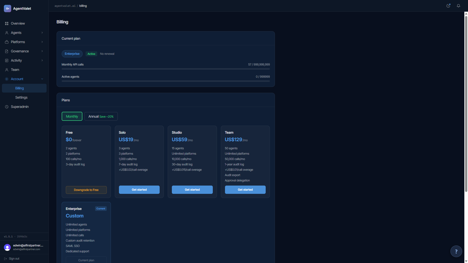 Billing page showing plan, usage gauges, and 12-month history