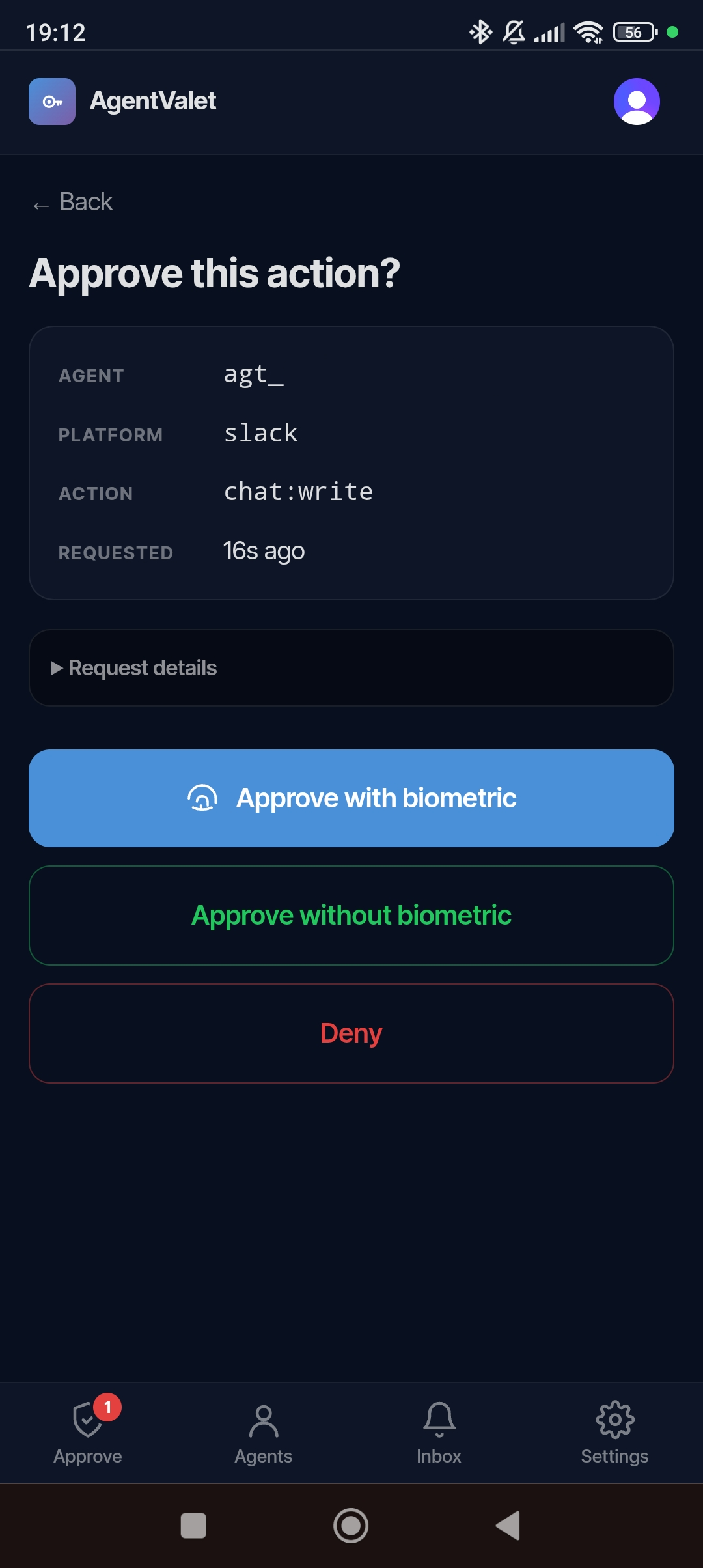 Push notification with approve and deny action buttons
